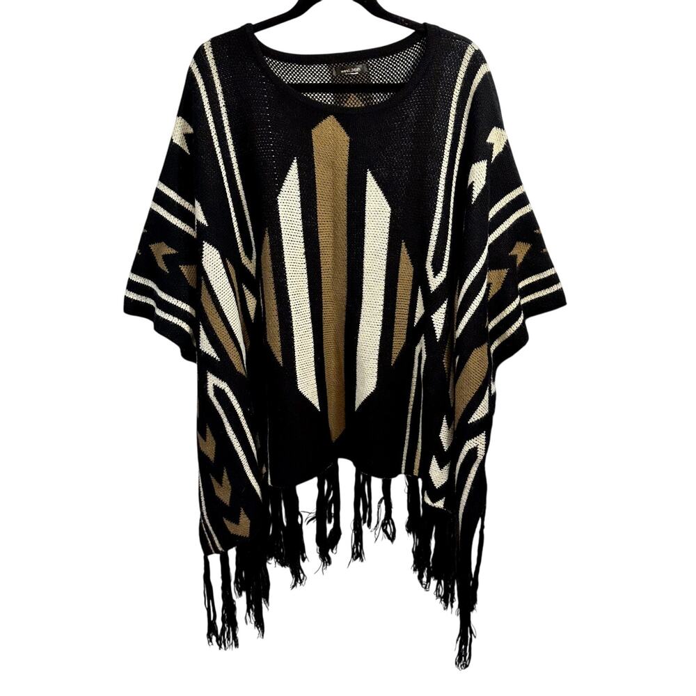 Boho Tribal Fringe Poncho Knit Southwest Festival Cape Hippie Western Ranchcored
